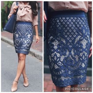 Ann Taylor Navy Blue Lace Pencil Skirt